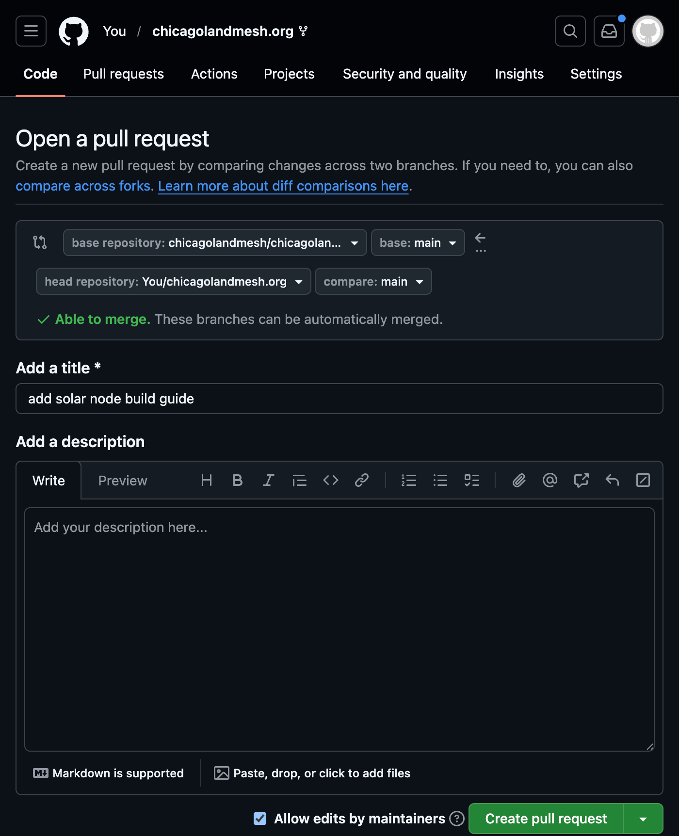 Pull request submission page